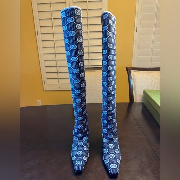 New Gucci GG Supreme Logo Knit Blue Knee High Boots Size 37.5 / US 7.5 - Picture 6 of 16